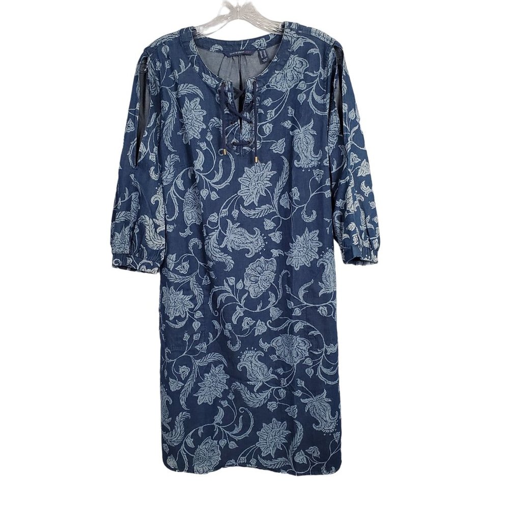Isaac Mizrahi Live Sz 12 Dress Denim Chambray Floral Print Split Sleeves Lace Up - Picture 2 of 15